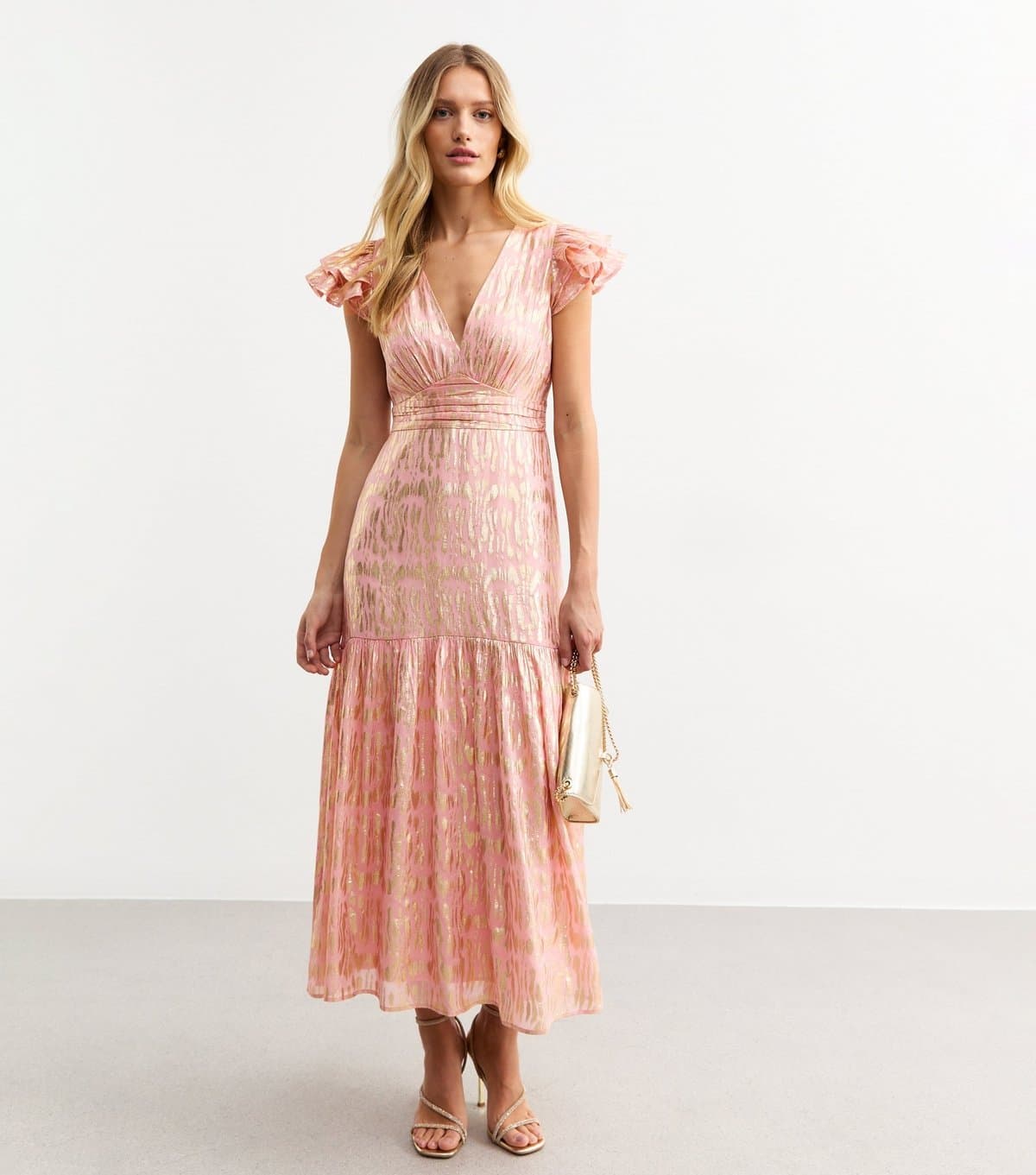 New Look Women's Pink Jacquard Frill Sleeve Empire Line Midi Dress New Look