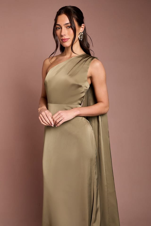 Coast Coast Women's Honoured Petite Drape One Shoulder Satin Maxi Bridesmaid Dress in Olive - 2