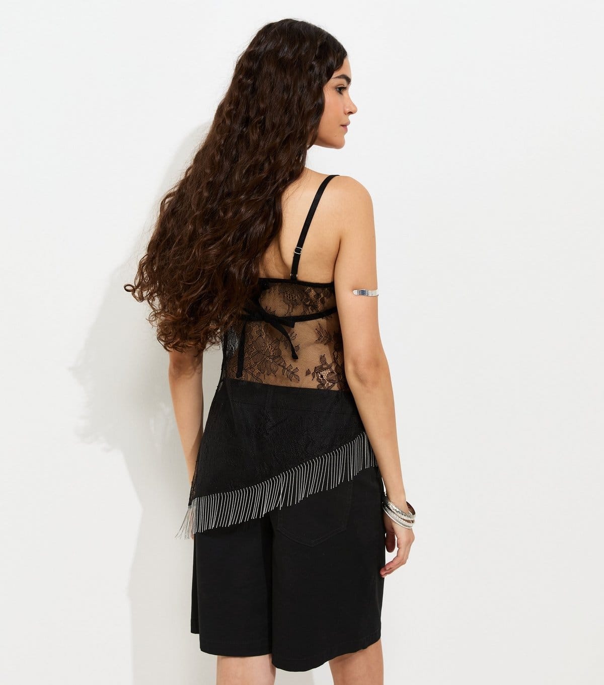 New Look Women's Black Sheer Lace Asymmetric Fringe Cami Top New Look - 4