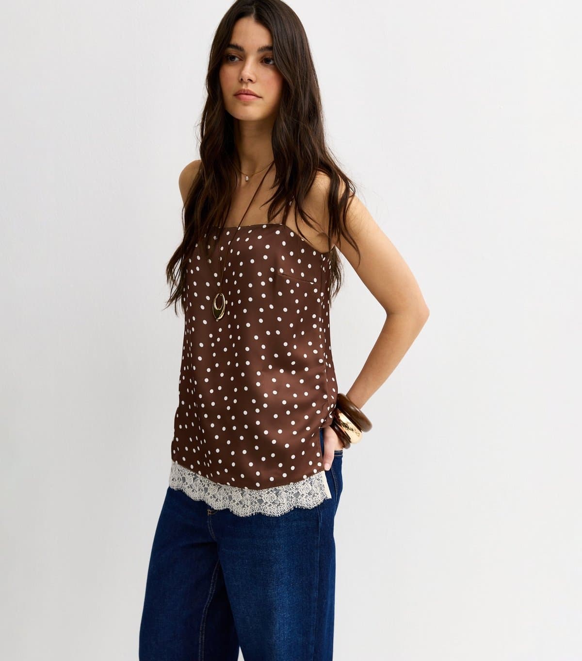 New Look Women's Brown Satin Polka Dot Lace Hem Cami Top New Look