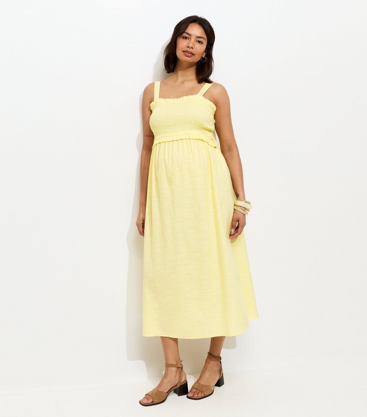 New Look Women's Maternity Yellow Shirred Strappy Bow Back Midi Dress New Look - 4