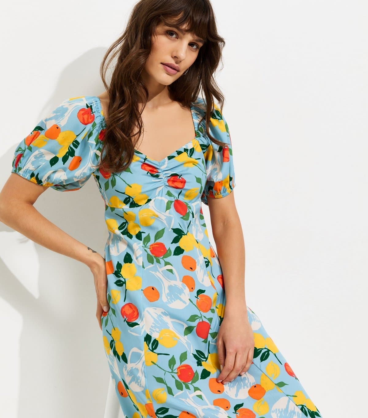 New Look Women's Tall Blue Fruit Print Crepe Midi Dress New Look