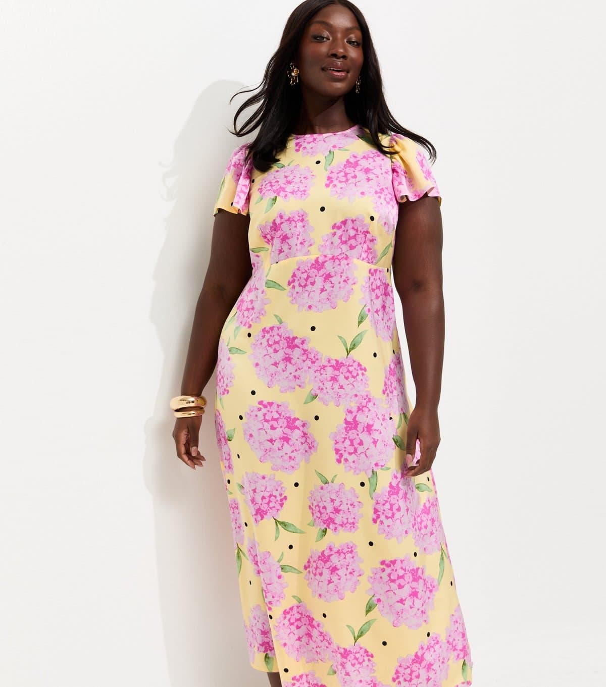 New Look Women's Plus Size Yellow Hydrangea Spot Print Flutter Sleeve Midi Dress Curves New Look