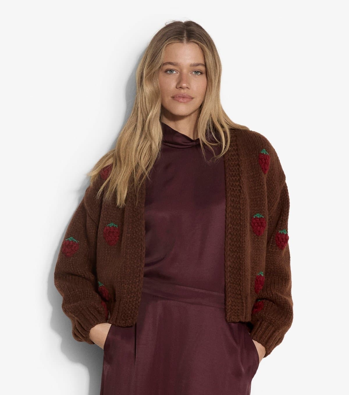 Apricot Women's Dark Brown Raspberry Embroidered Knit Open Front Cardigan Apricot New Look