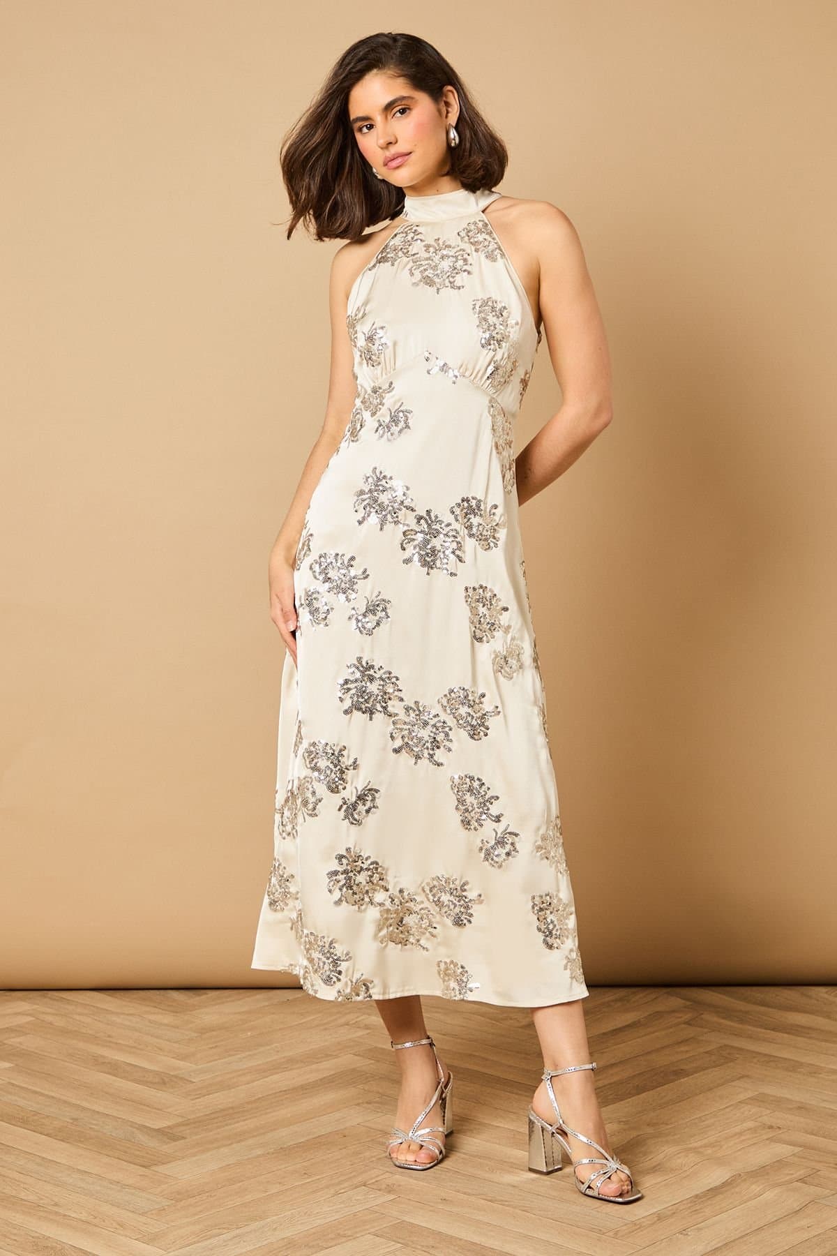 Oasis Oasis Women's Sequin Bias Halterneck Midi Dress in Champagne