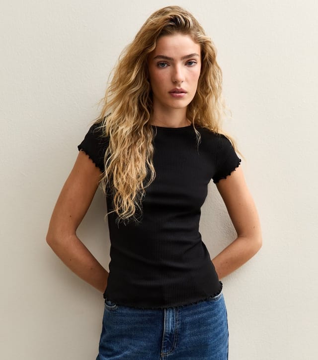 New Look Women's Black Ribbed Jersey Frilly Trim Short Sleeve Top New Look - 2