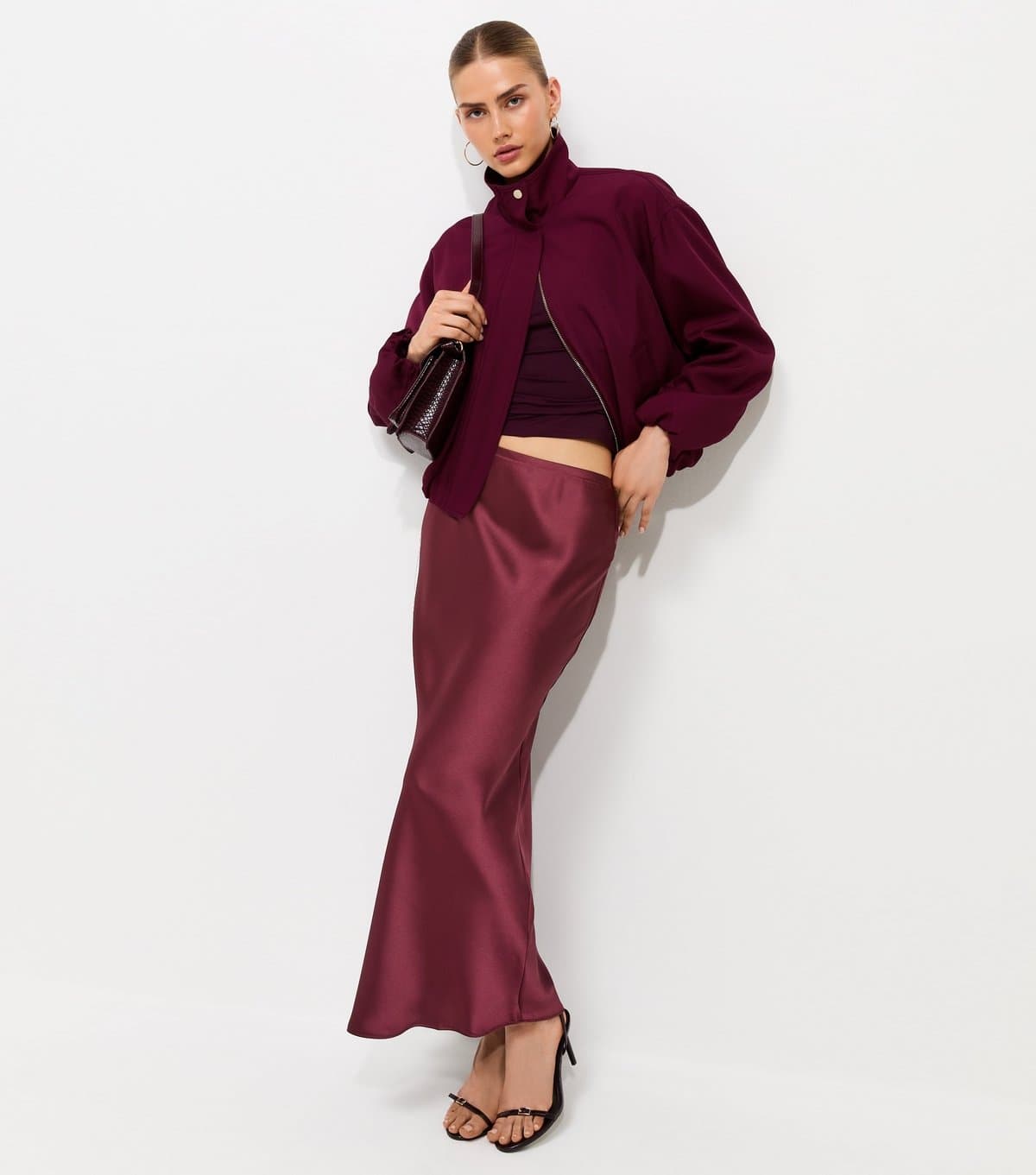 New Look Women's Dark Burgundy Satin Bias Cut Midi Skirt New Look