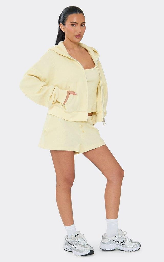 EGO Long Sleeve Oversized Zip Up Hoodie In Lemon Waffle, Women's Size UK 6 - 2