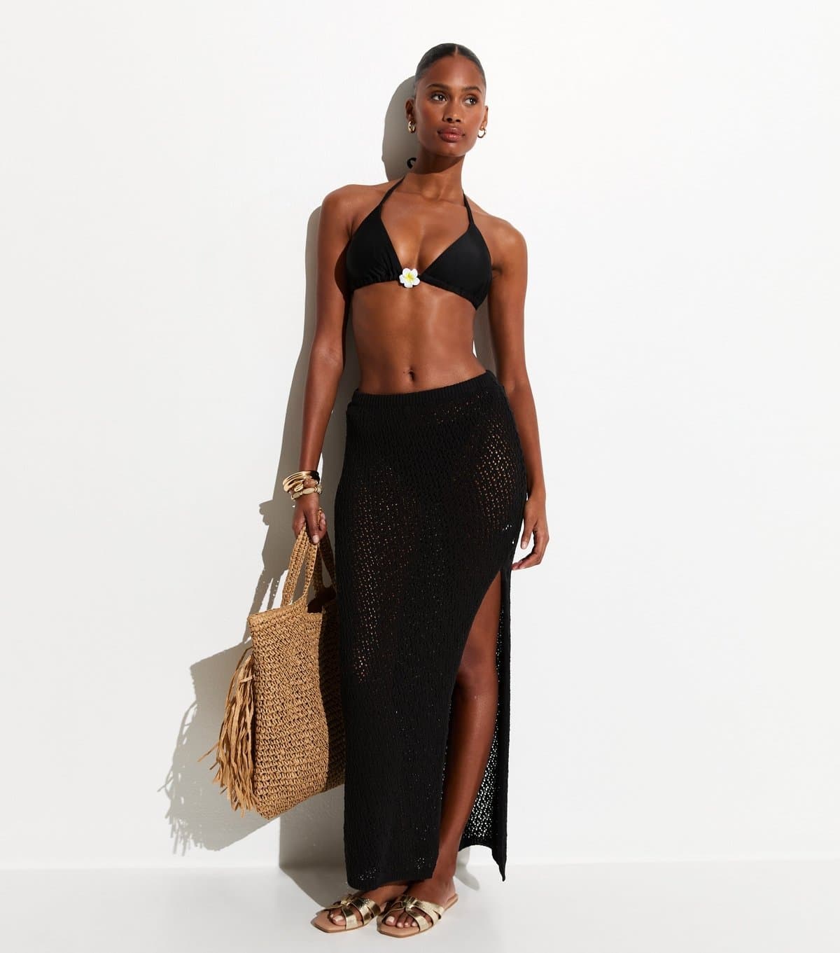 New Look Women's Black Crochet Column Beach Maxi Skirt New Look
