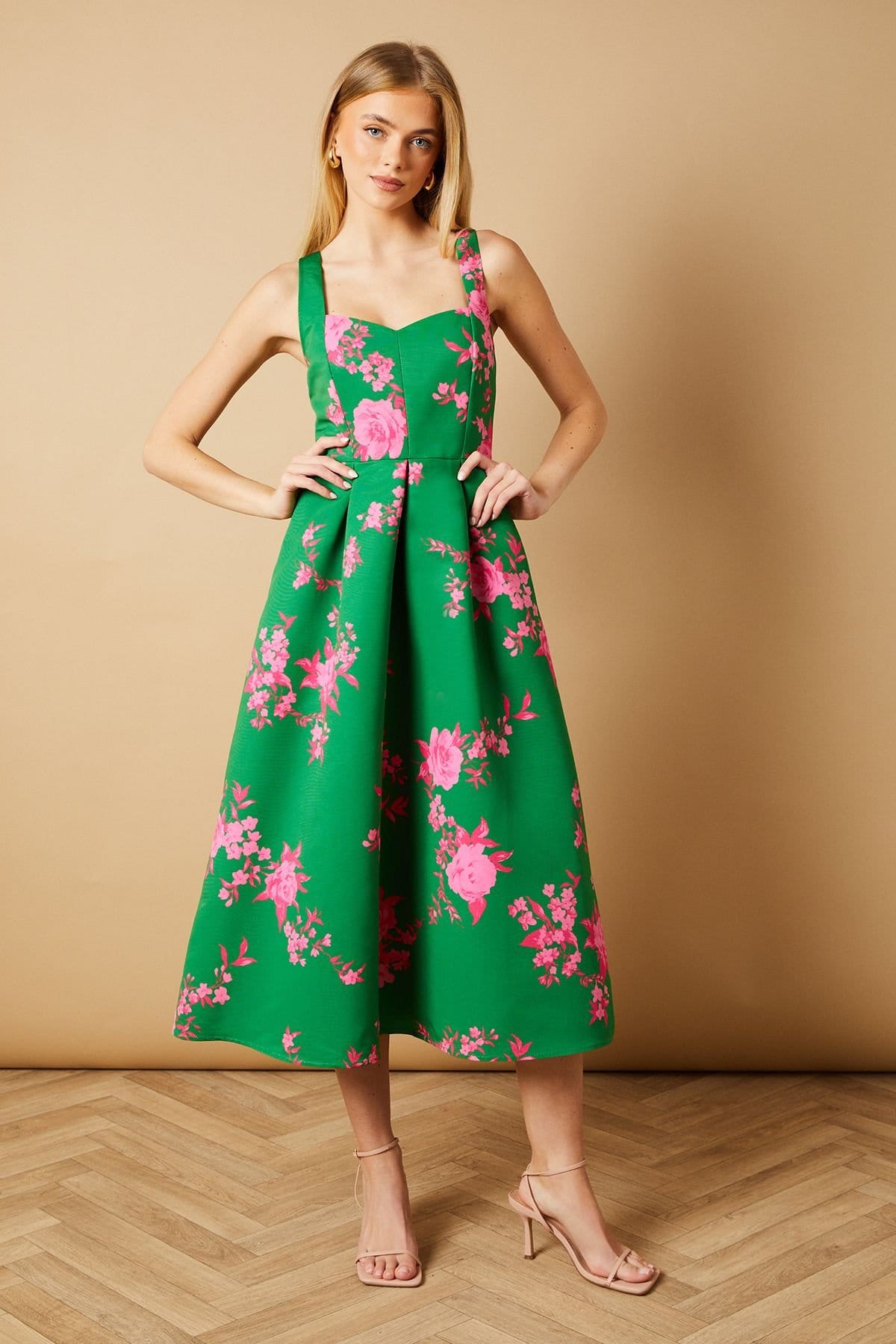 Oasis Green Floral Strappy Twill Midi Dress