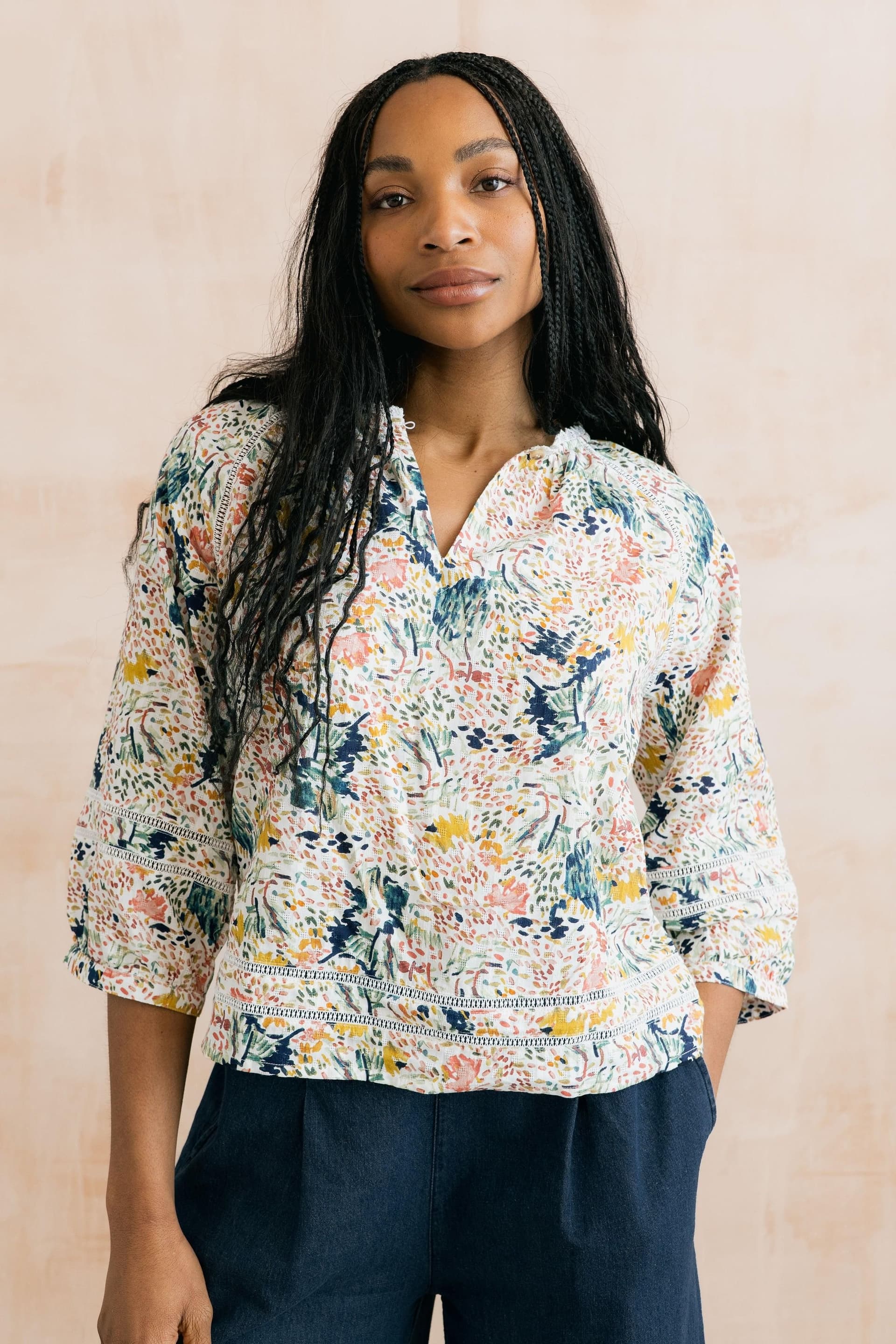 Lily & Me Lily & Me Ecru Floral Print Cotton Blouse