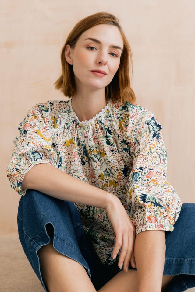 Lily & Me Lily & Me Women's Zoe Cotton Ditsy Print Blouse in Ecru - 2