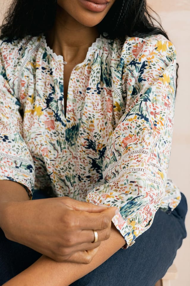 Lily & Me Lily & Me Women's Zoe Cotton Ditsy Print Blouse in Ecru - 3