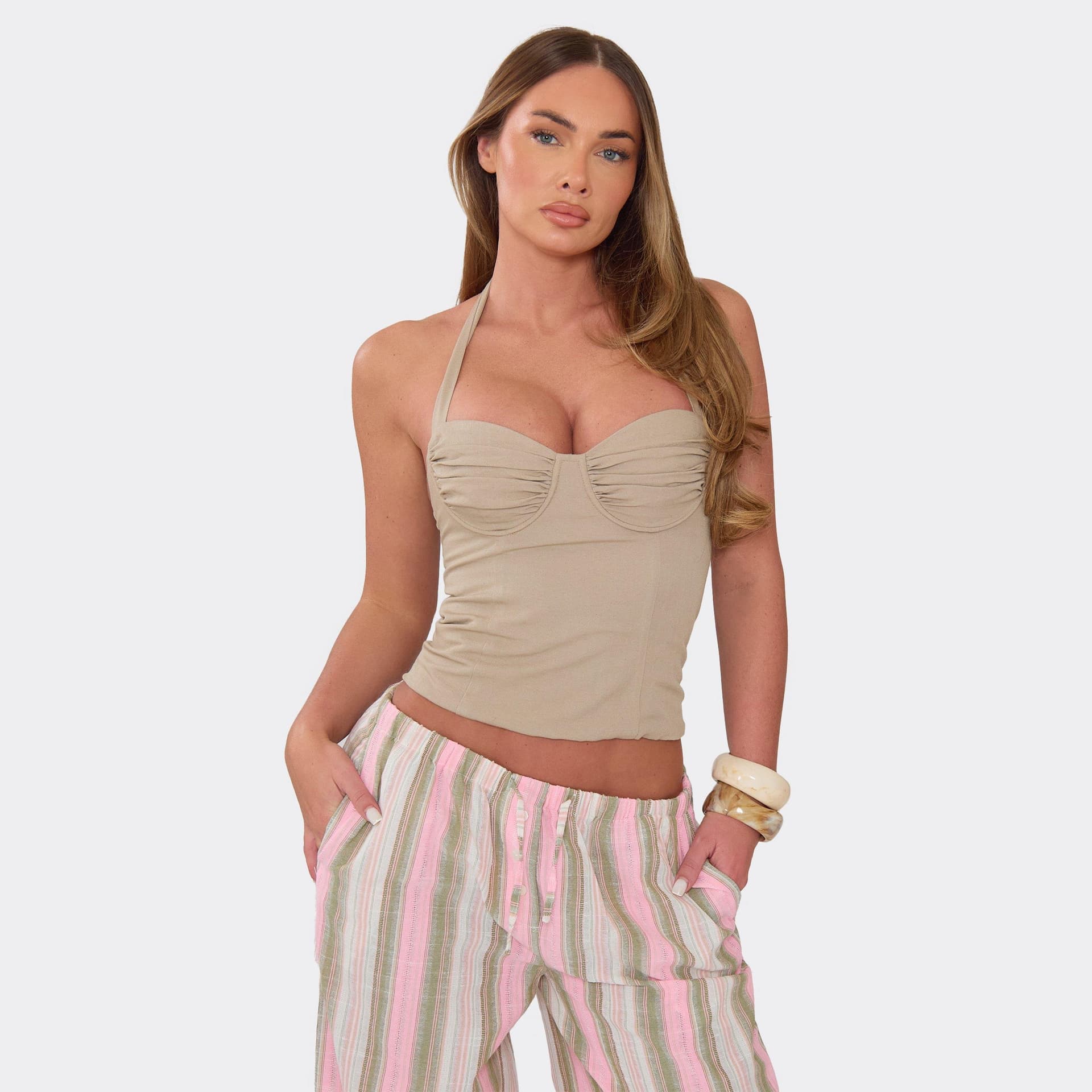 EGO Halterneck Cup Detail Corset Top In Stone Linen, Women's Size UK 6