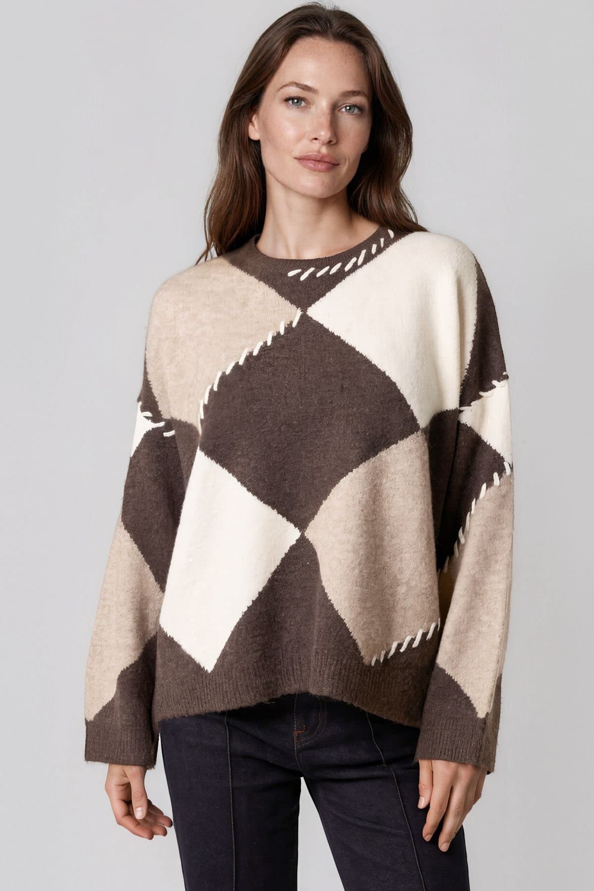 Aftershock London Aftershock London Women's Brown Argyle Wool Blend Jumper