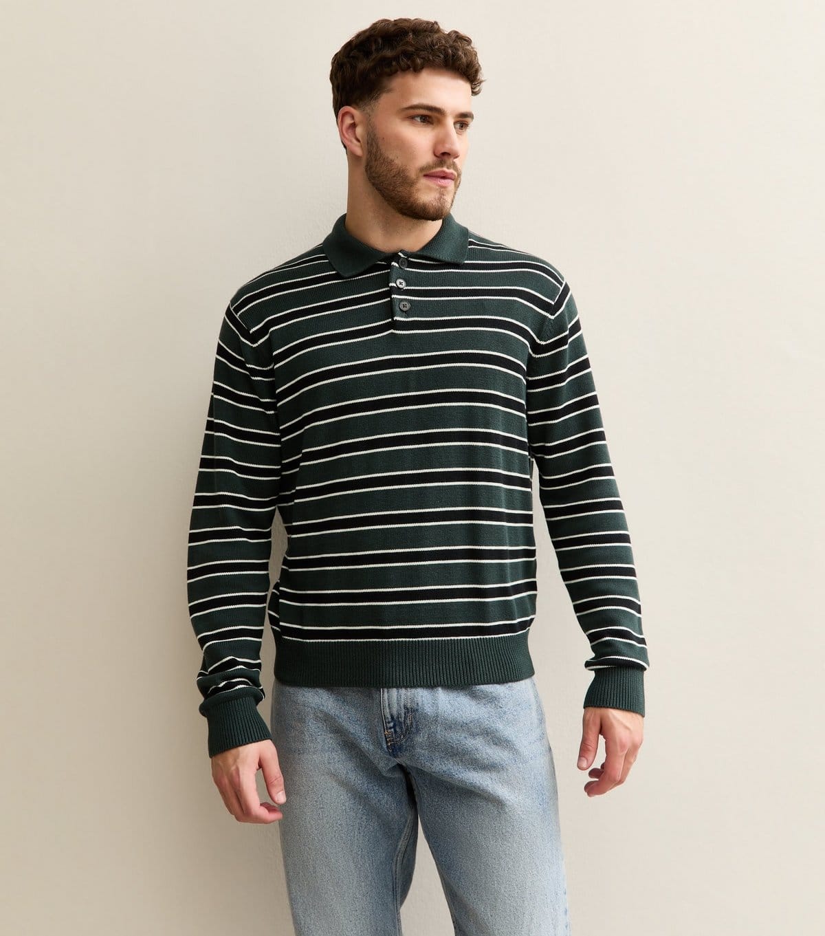 jack & jones Men's Green Regular Striped Polo Jumper Jack & Jones New Look - 1