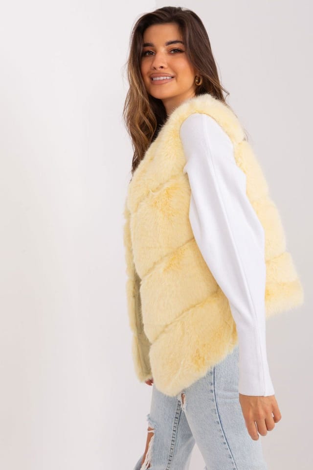 Love Lace Love Lace Women's Faux Fur Padded Gilet Vest With Pockets in Yellow - 2