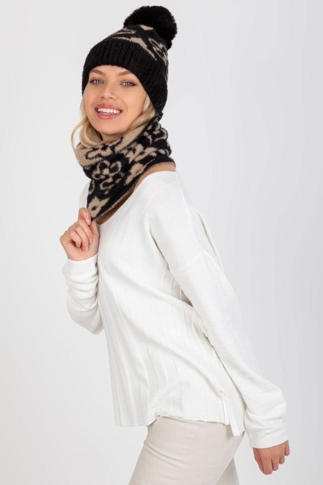 Love Lace Love Lace Women's Warm Infinity Scarf Chimney with Pattern & Matching Cap Set in Black - 4