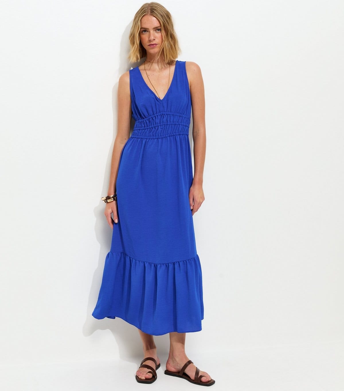 New Look Bright Blue Ruched Waist V-Neck Midi Dress
