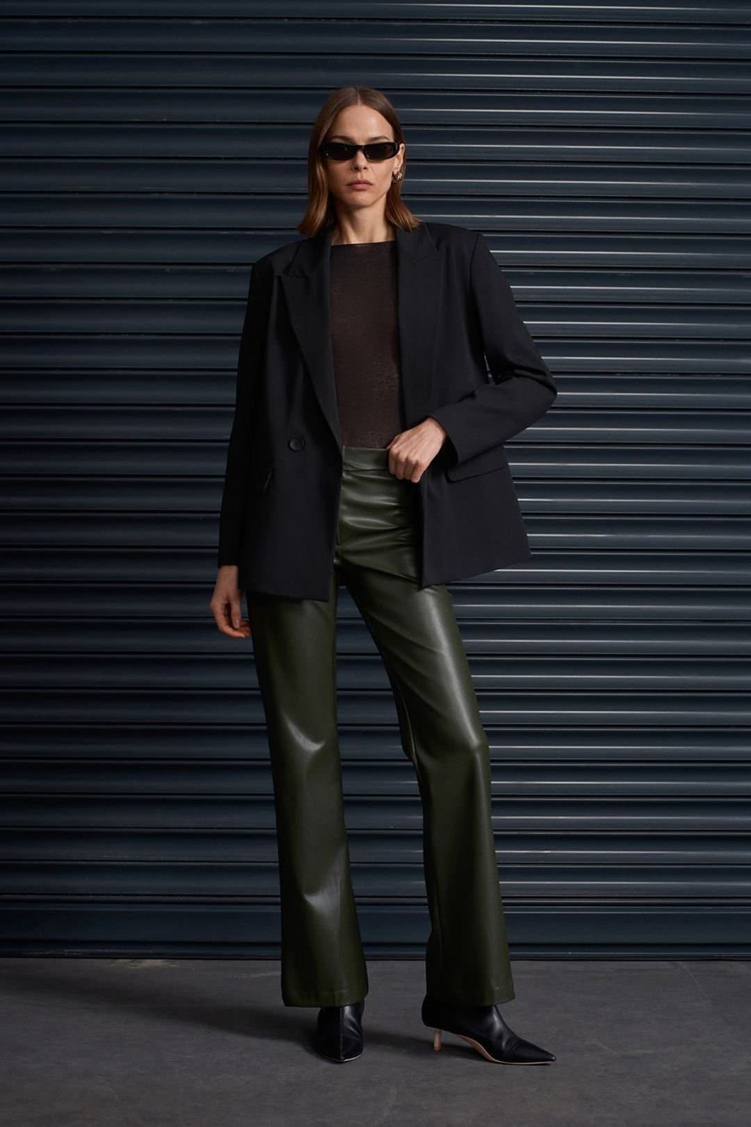 Dilvin Dilvin Women's Faux Leather Flare Pants in Olive