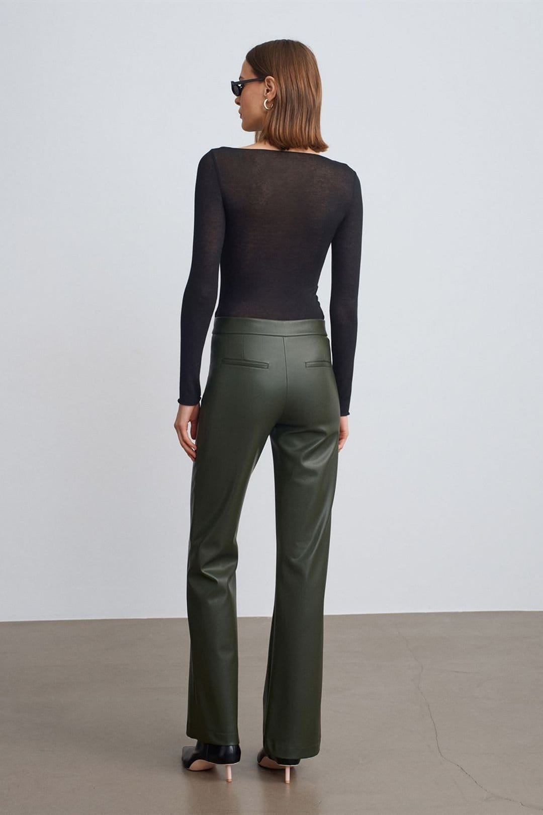 Dilvin Dilvin Women's Faux Leather Flare Pants in Olive - 4