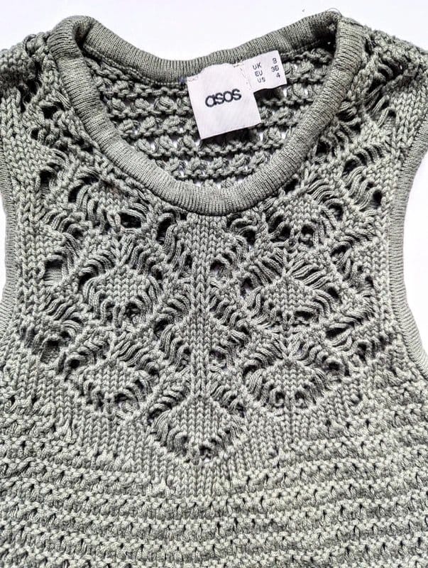 ASOS Khaki Crochet Vest, Chunky Cotton Knit, Size 8