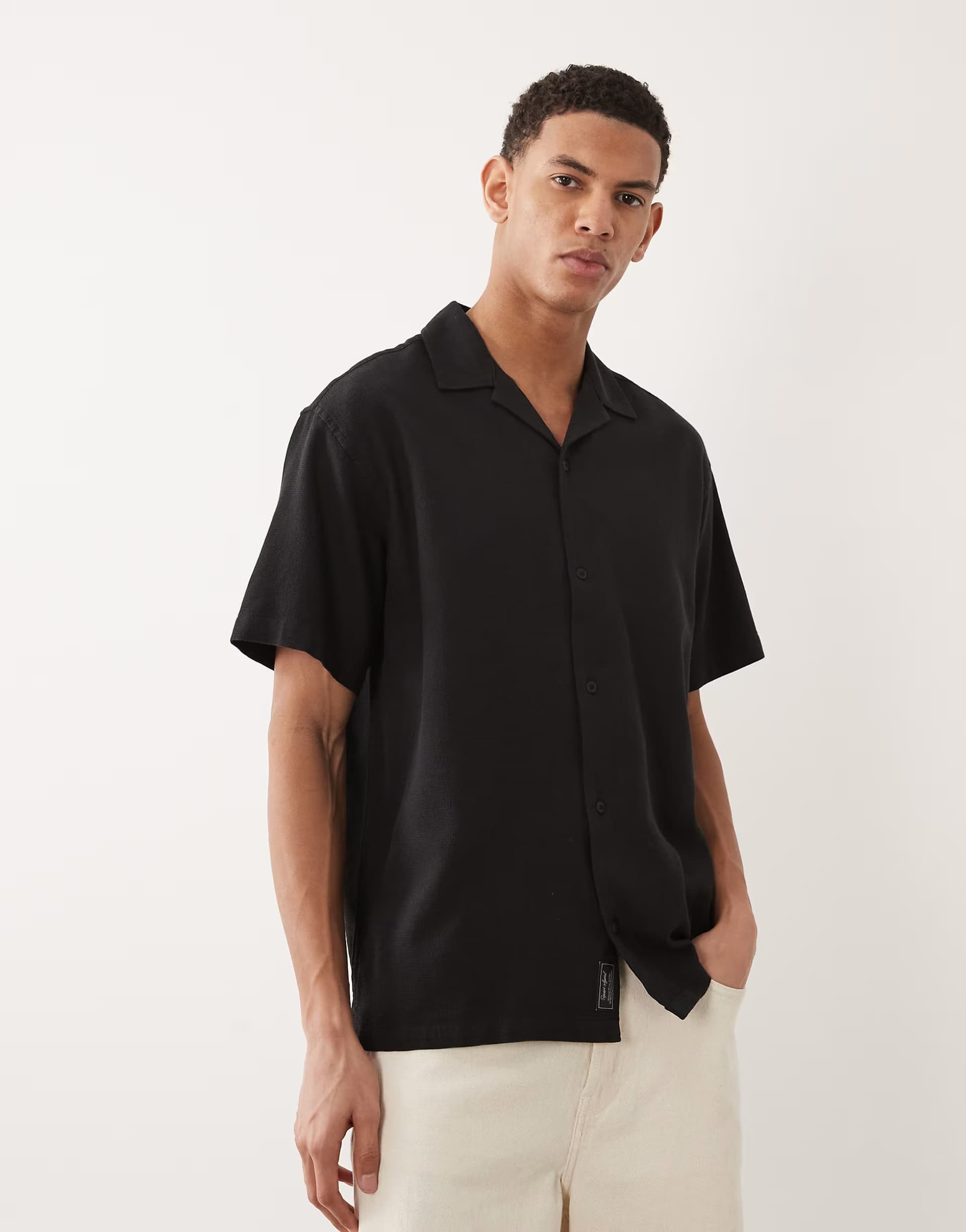ASOS Jack & Jones Waffle Short Sleeve Shirt in Black