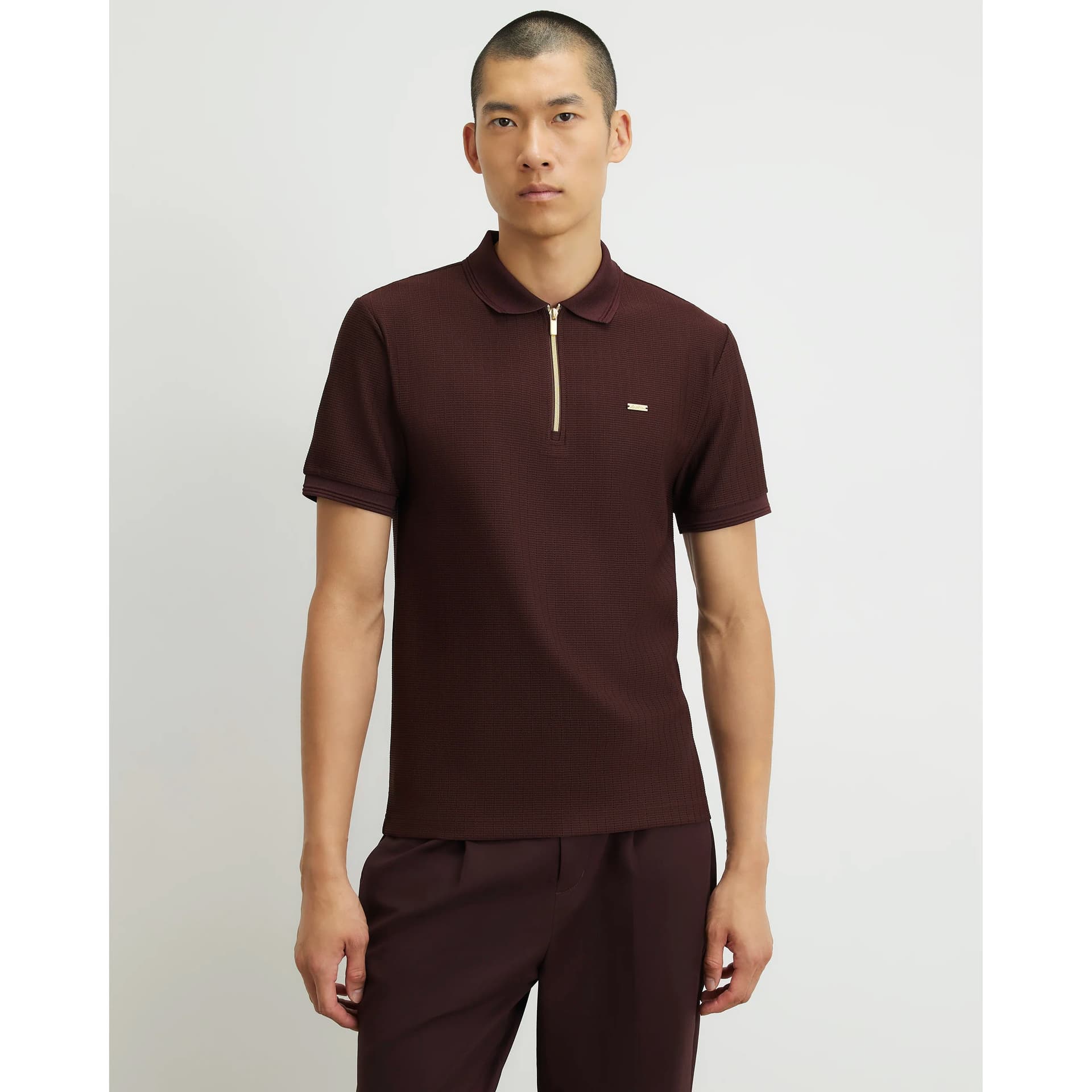 River Island Mens River Island Burgundy Muscle Fit Textured Polo Shirt