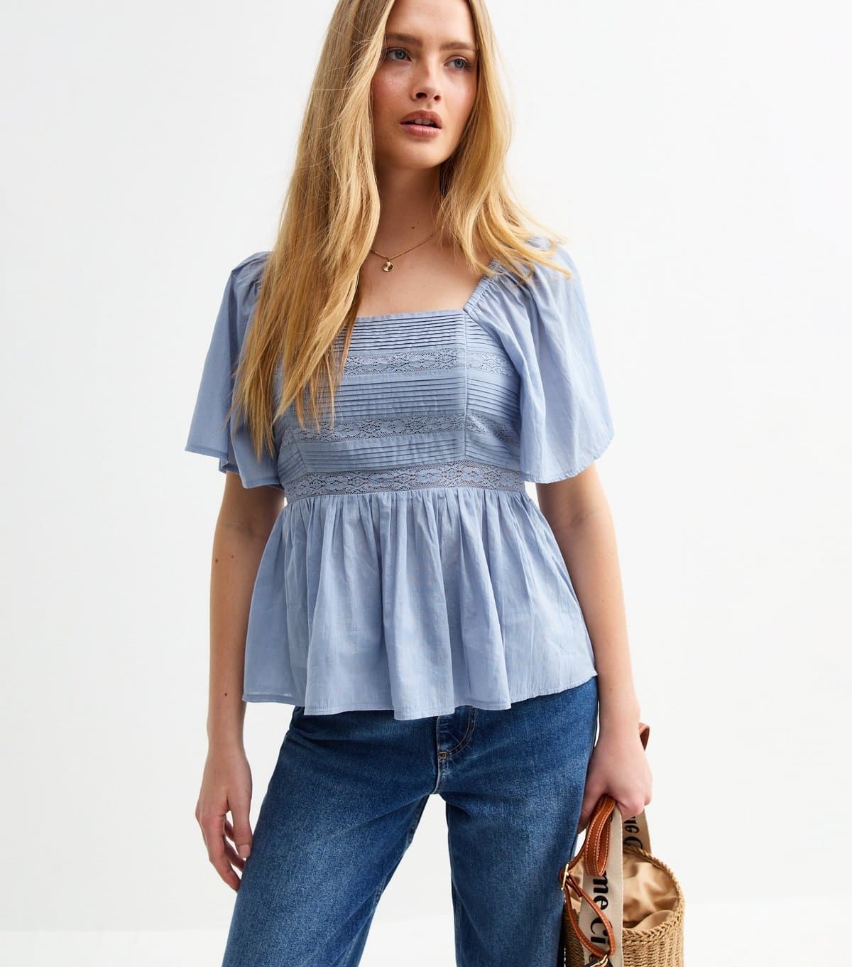 New Look Women's Blue Lace Pleated Bodice Milkmaid Top School New Look