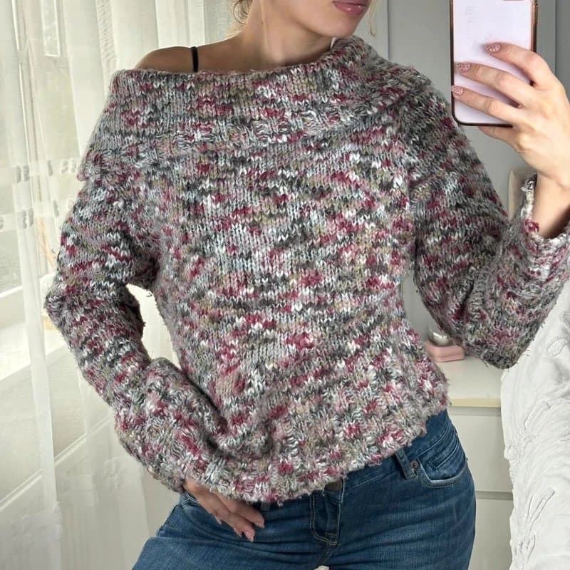 Bay Y2k bay multicoloured knitted off the shoulder jumper slouchy collar detail