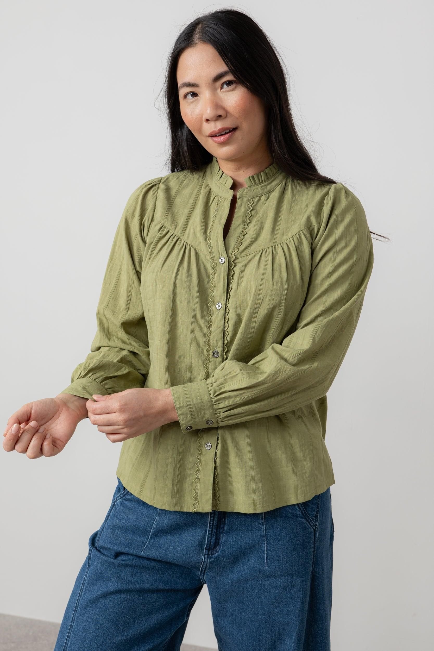 Lily & Me Lily & Me Women's Wayfaring Check Cotton Long Sleeve Blouse in Green - 3
