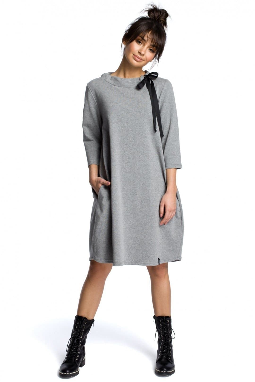Love Lace Love Lace Women's Loose Pocket Tied Neck Day Dress Tunic in Grey
