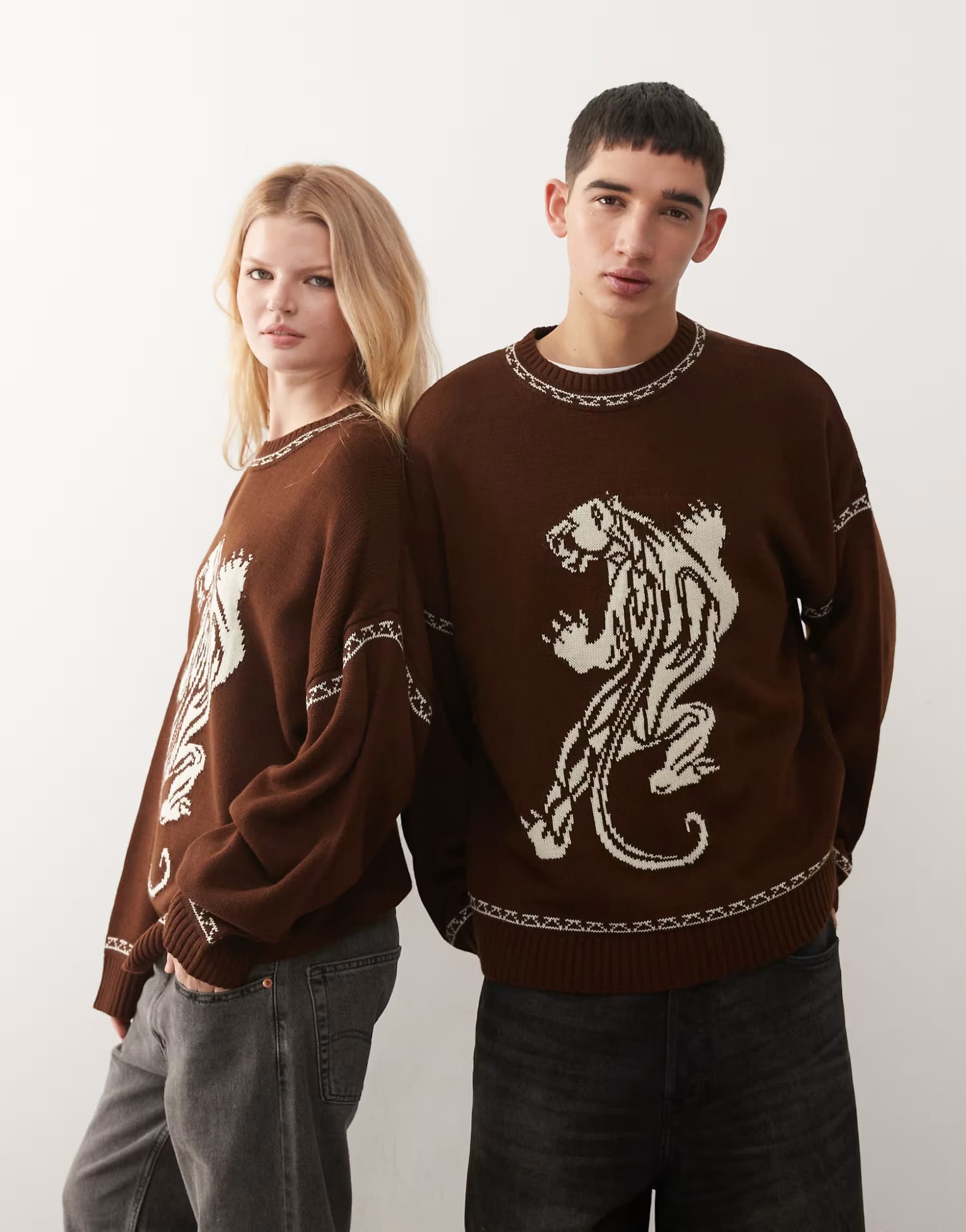 ASOS COLLUSION Unisex jumper in chocolate brown with panther graphic