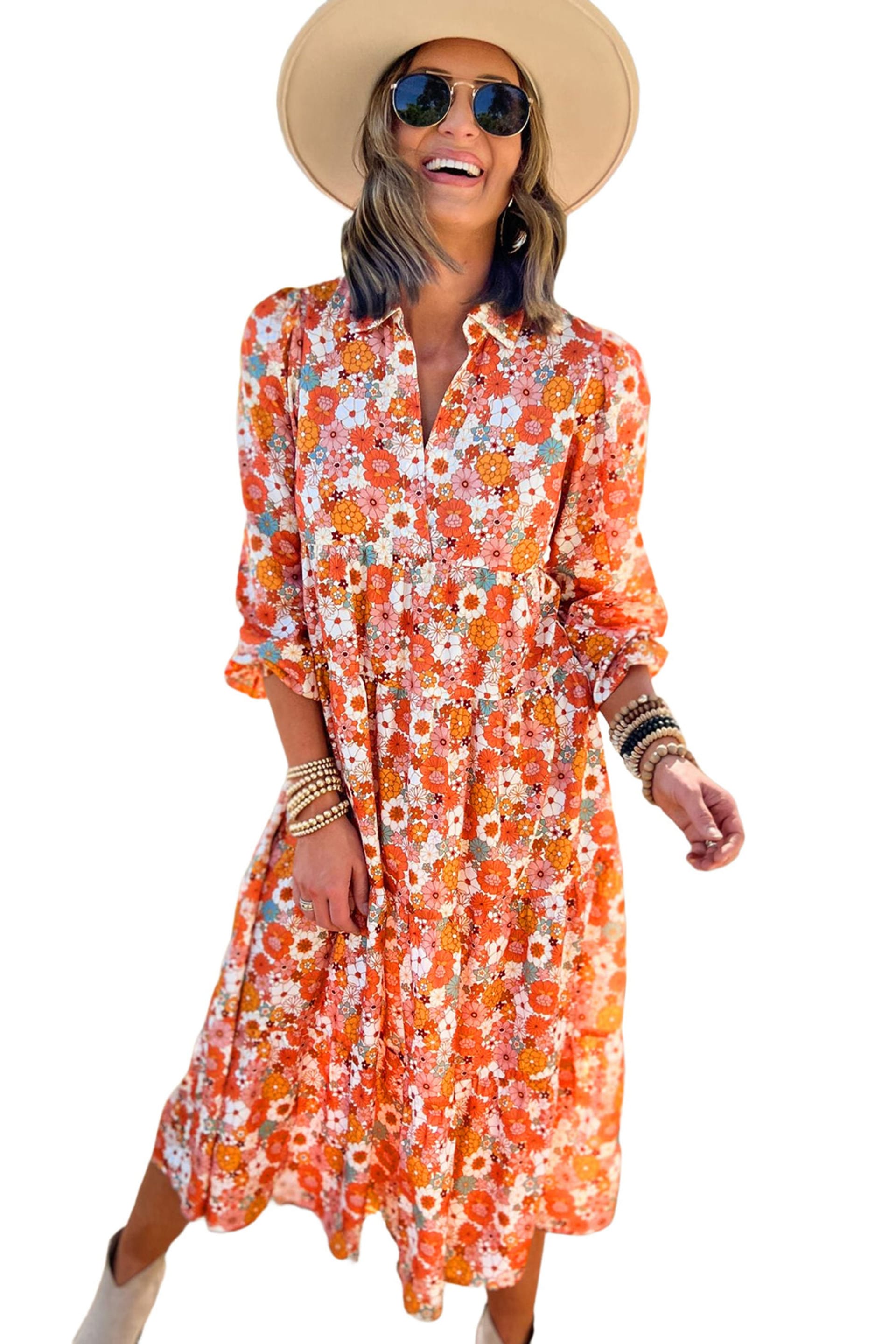 Everyday The Label Everyday The Label Women's Floral Print Midi Dress in Tangerine - 4