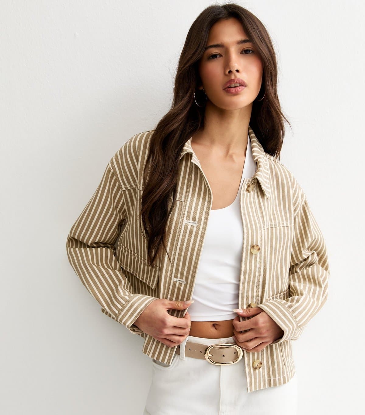 New Look Women's Light Brown Twill Cropped Pinstripe Shacket New Look