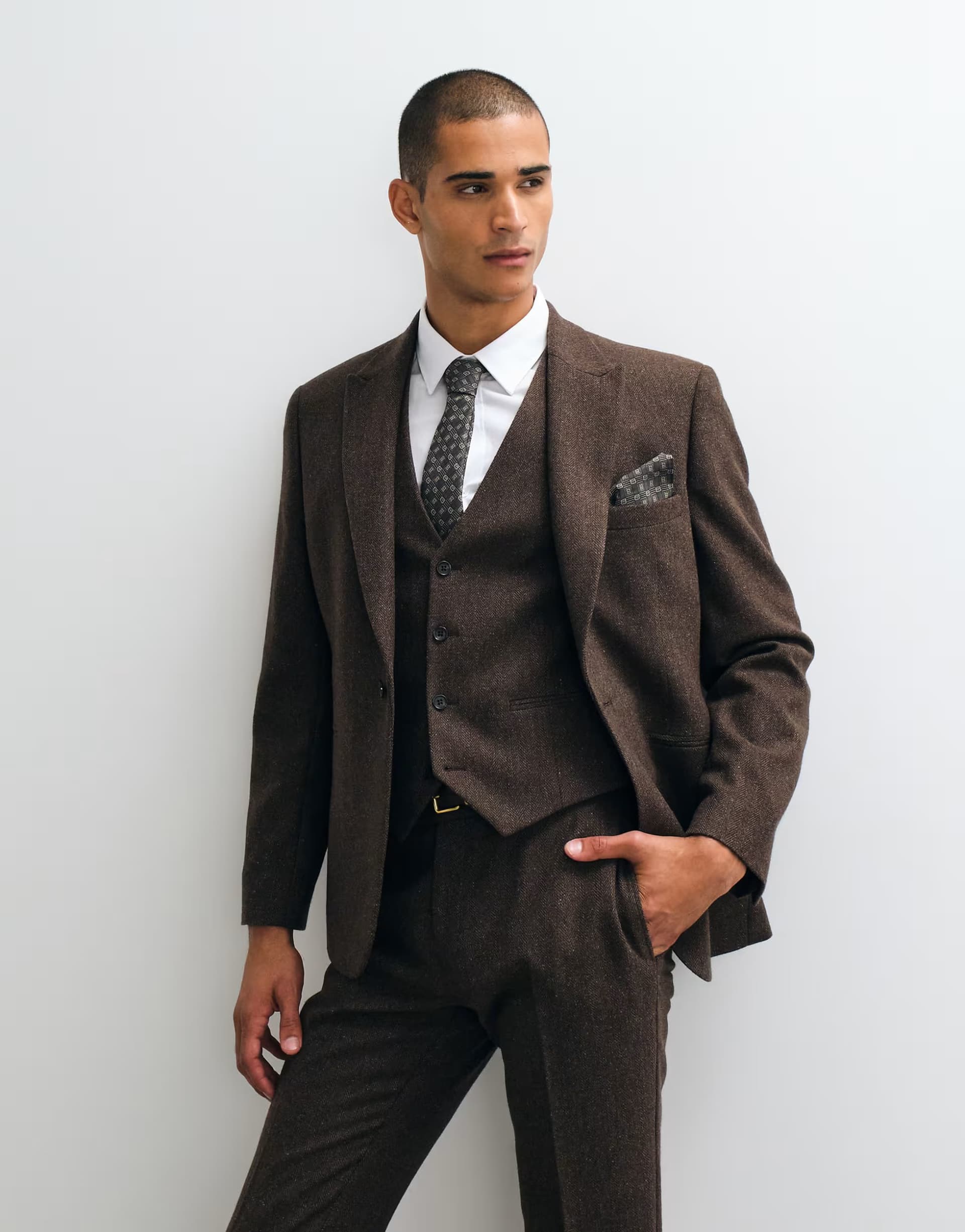 ASOS ASOS DESIGN slim herringbone suit jacket with wool in brown