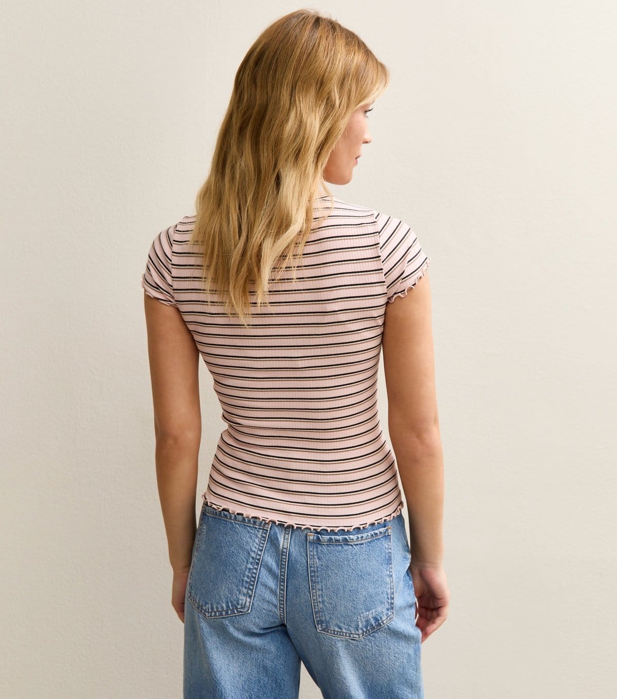 New Look Women's Light Pink Striped Frilly Hem Baby Tee New Look - 4