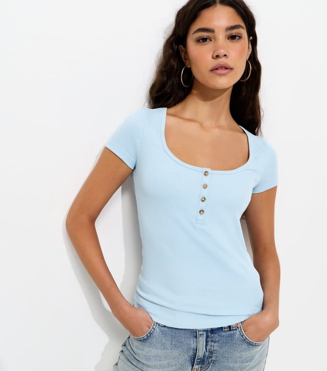 New Look Women's Light Blue Short Sleeve Ribbed Henley Tee New Look - 2
