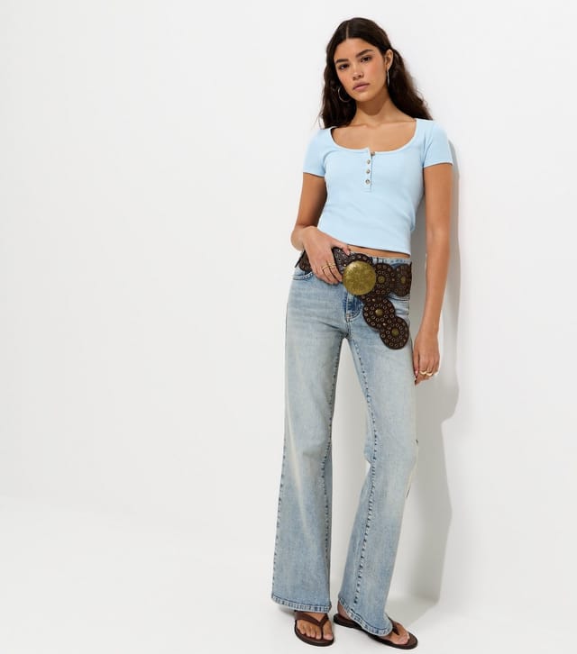 New Look Women's Light Blue Short Sleeve Ribbed Henley Tee New Look - 3