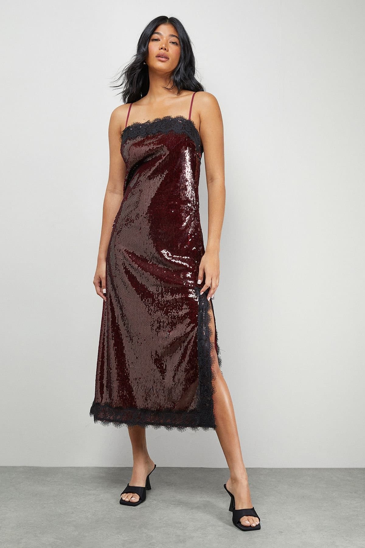 Warehouse Warehouse Women's Sequin Lace Trim Square Neck Midi Slip Dress in Dark Red