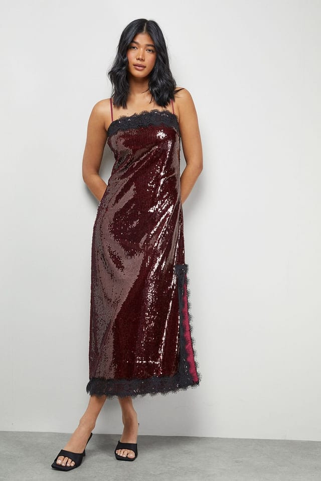 Warehouse Warehouse Women's Sequin Lace Trim Square Neck Midi Slip Dress in Dark Red - 2