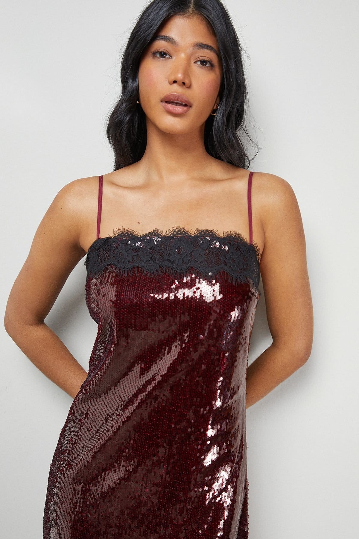 Warehouse Warehouse Women's Sequin Lace Trim Square Neck Midi Slip Dress in Dark Red - 4