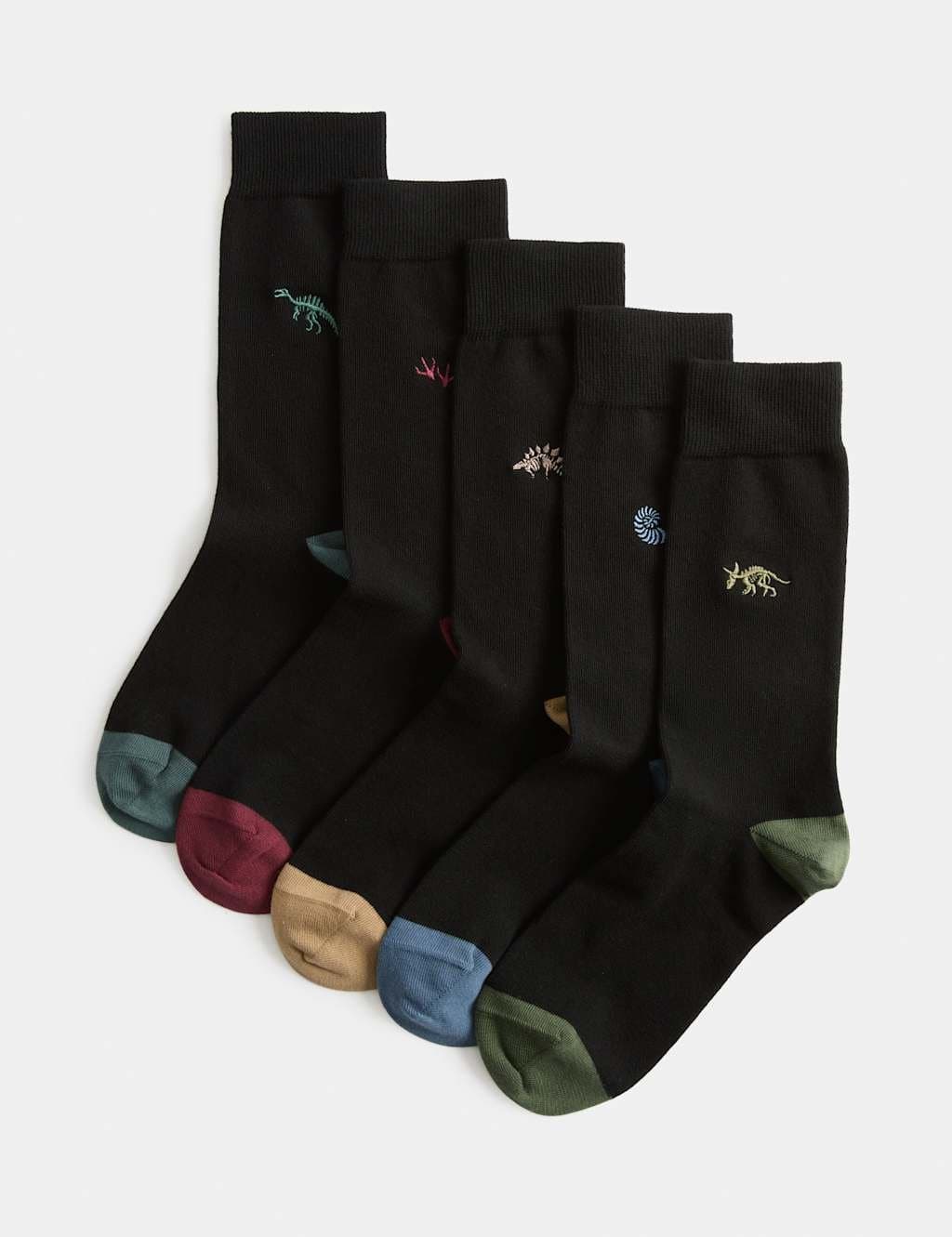 Marks & Spencer M&S 5pk Cool and Fresh™ Dinosaur Cotton Rich Socks Black Mix