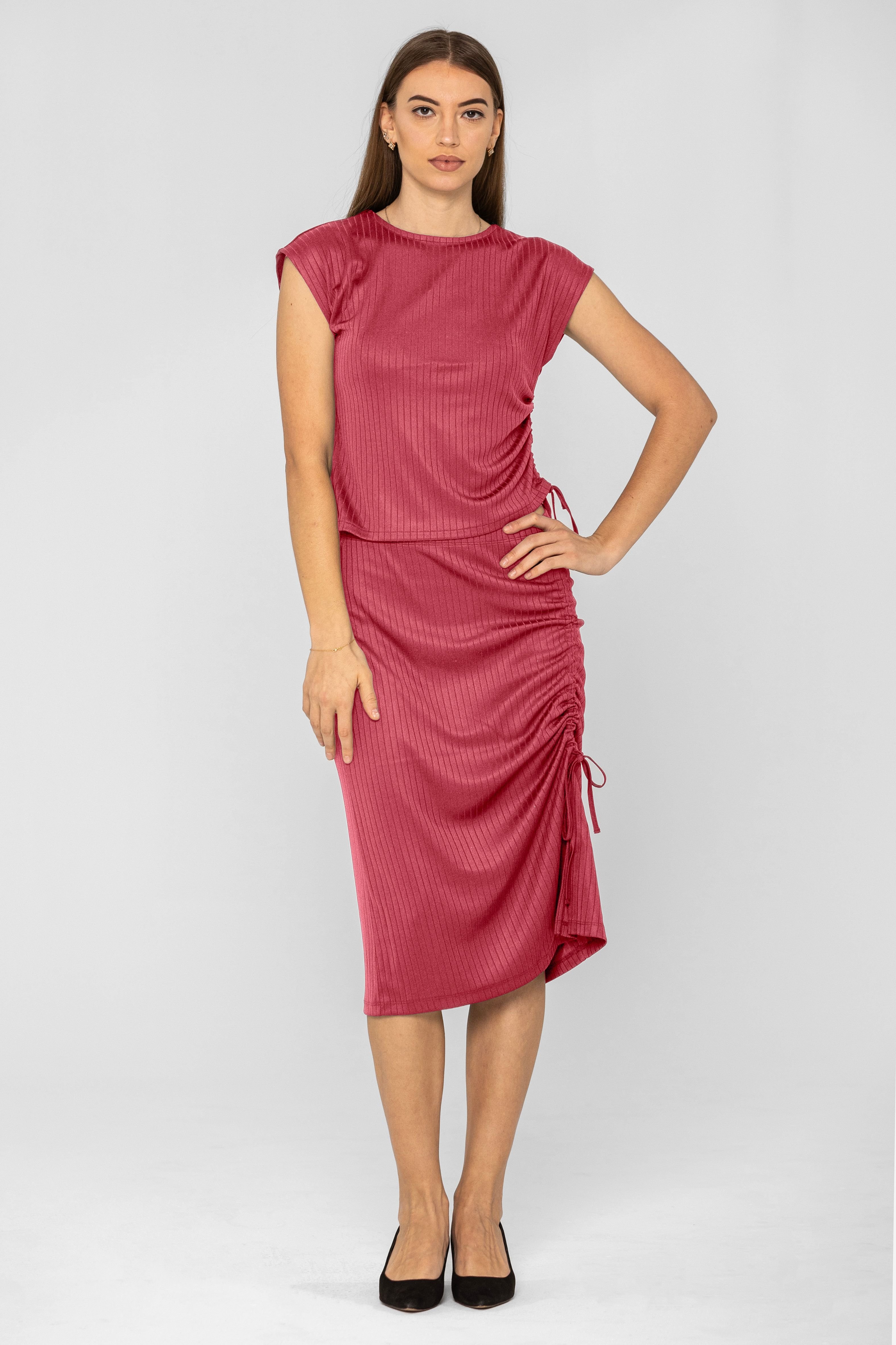 Enorsia Enorsia Women's Ruched Crew Neck Top & Midi Skirt Co-ord in Red - 3