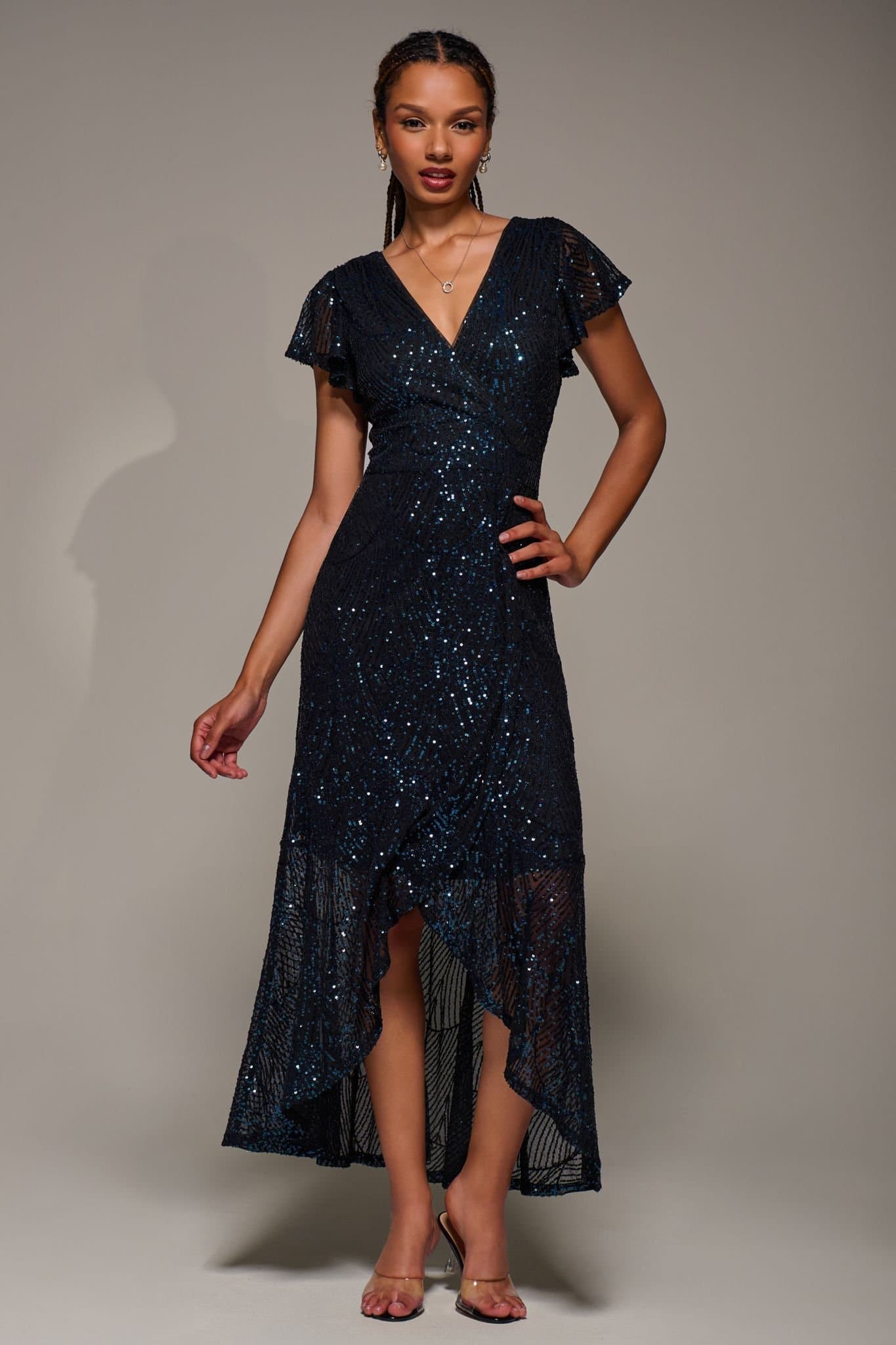Jolie Moi Jolie Moi Women's Frill Short Sleeve Sequin Maxi Dress in Dark Navy