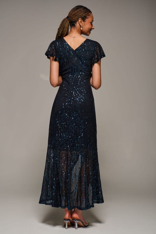 Jolie Moi Jolie Moi Women's Frill Short Sleeve Sequin Maxi Dress in Dark Navy - 2