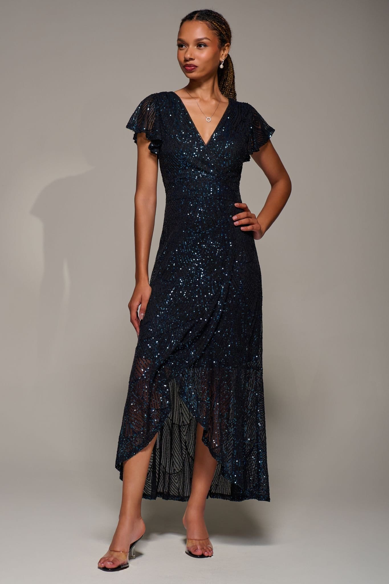 Jolie Moi Jolie Moi Women's Frill Short Sleeve Sequin Maxi Dress in Dark Navy - 4