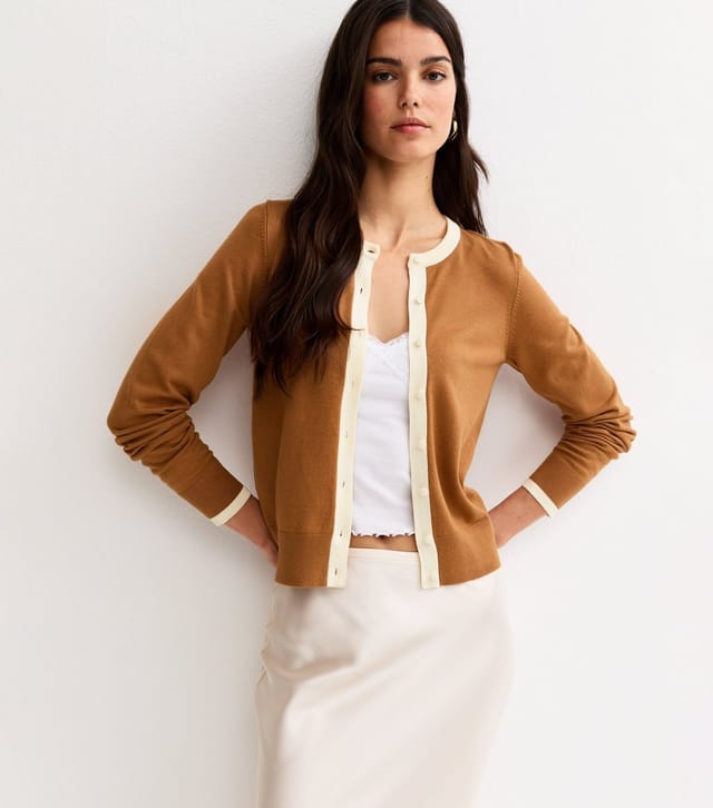 New Look Women's Brown Trimmed Crew Neck Knit Cardigan New Look - 3