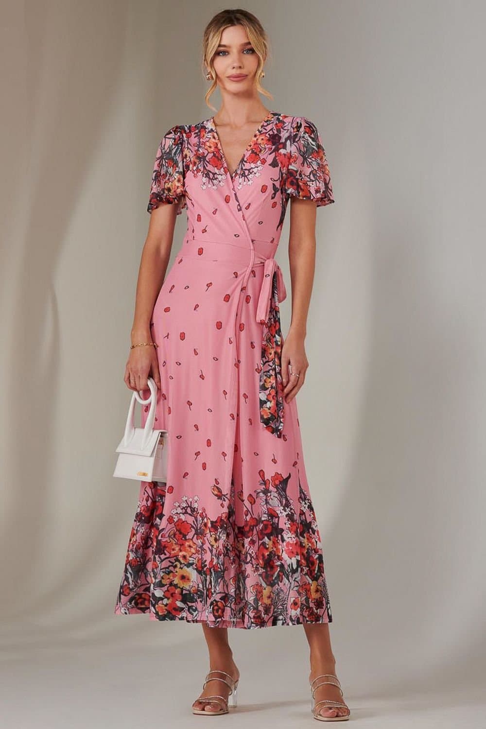Jolie Moi Jolie Moi Women's Mirror Print Mesh Wrap Maxi Dress in Pink
