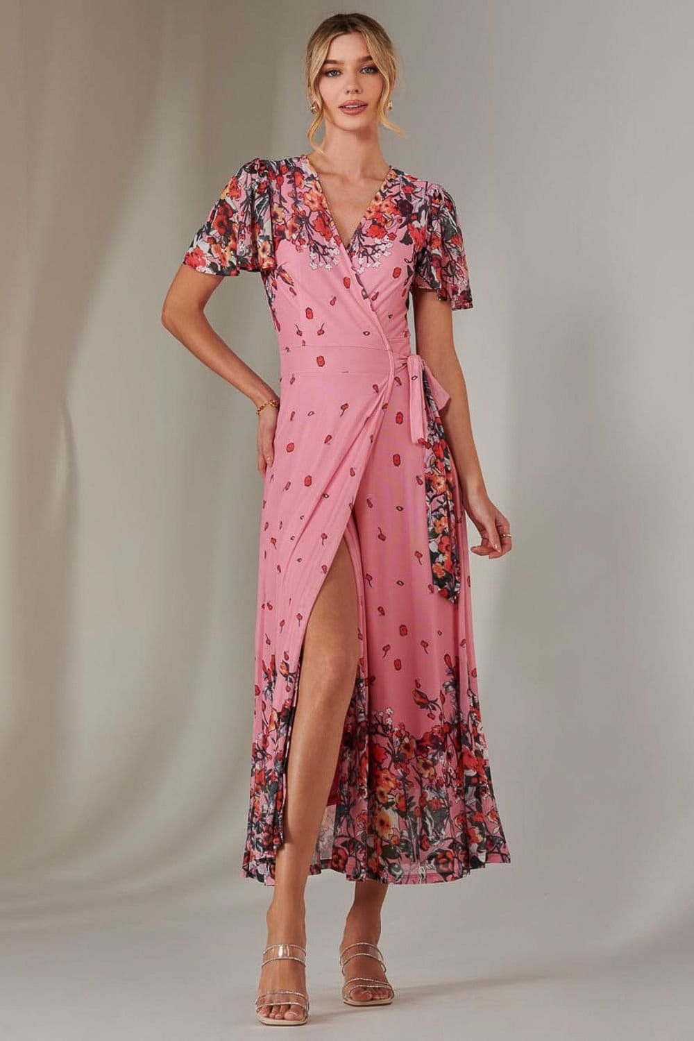 Jolie Moi Jolie Moi Women's Mirror Print Mesh Wrap Maxi Dress in Pink - 4